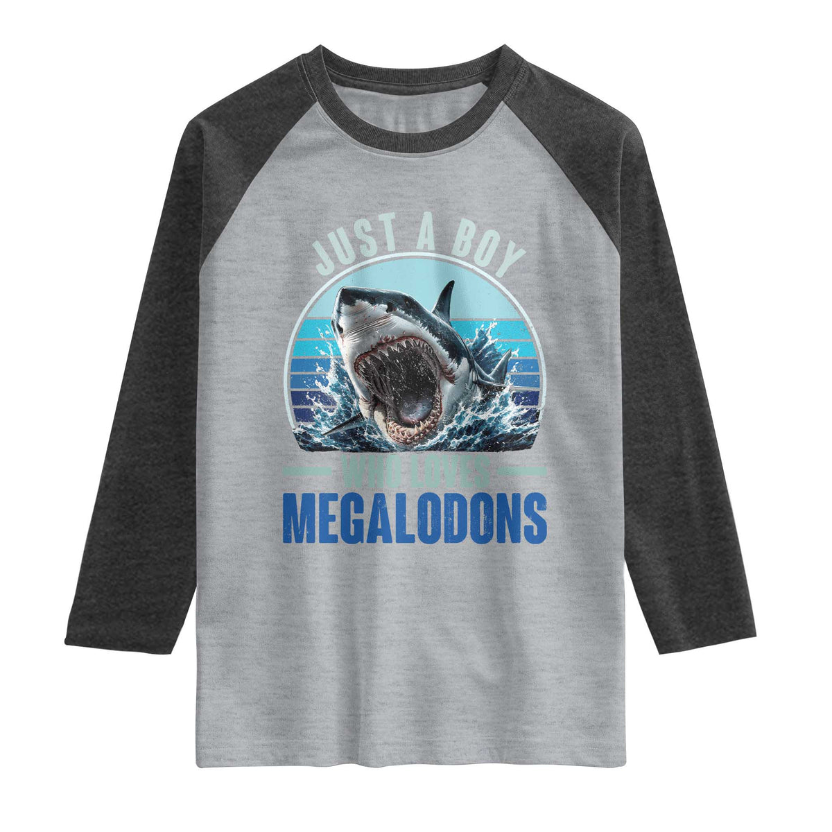 Just A Boy Who Loves Megalodons Raglan Shirt Megalodon Shark Lover Retro Graphic