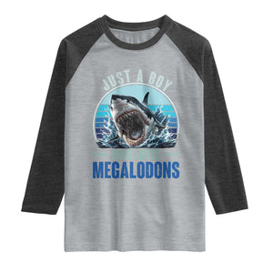 Just A Boy Who Loves Megalodons Raglan Shirt Megalodon Shark Lover Retro Graphic