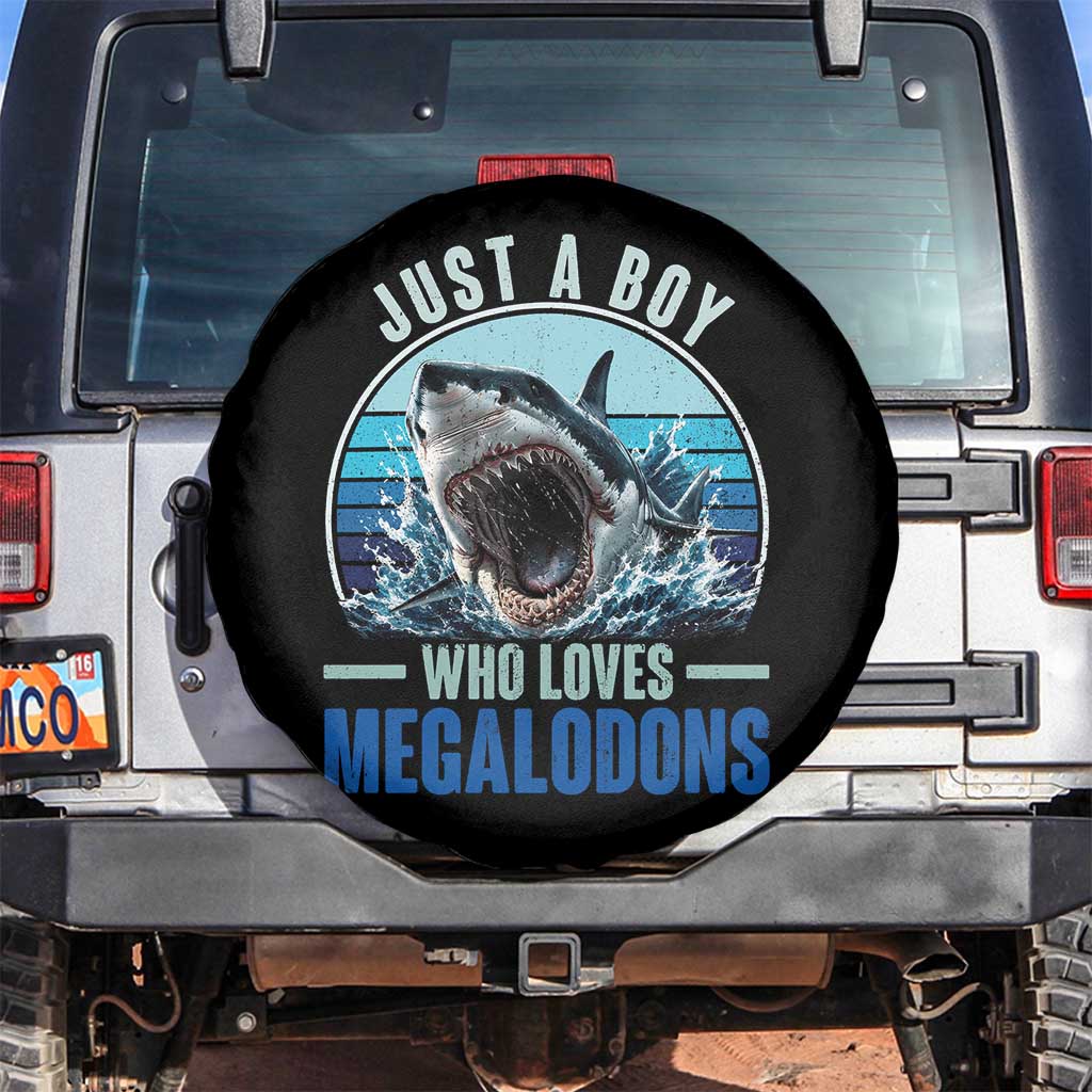 Just A Boy Who Loves Megalodons Spare Tire Cover Megalodon Shark Lover Retro Graphic TS11 No hole Black Print Your Wear