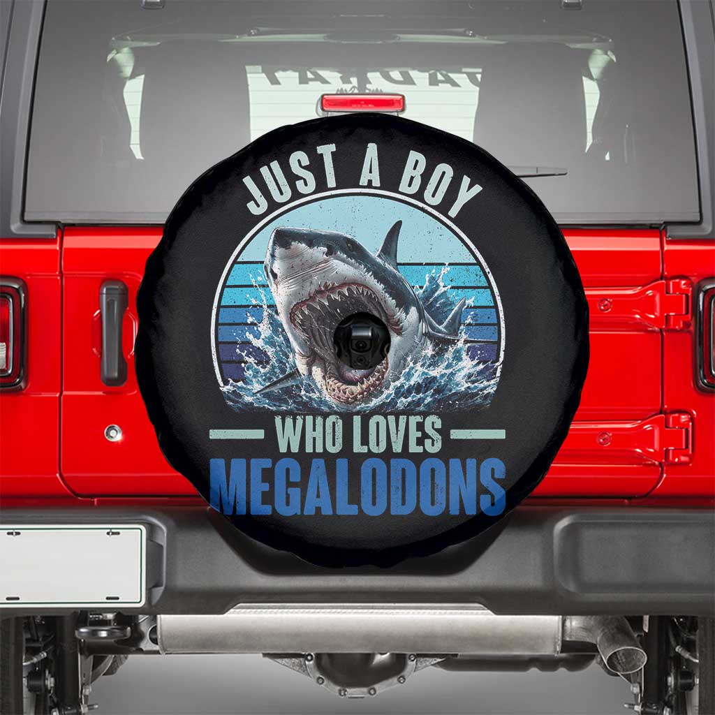 Just A Boy Who Loves Megalodons Spare Tire Cover Megalodon Shark Lover Retro Graphic