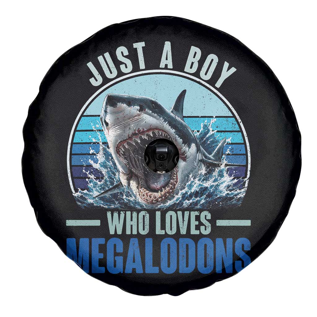Just A Boy Who Loves Megalodons Spare Tire Cover Megalodon Shark Lover Retro Graphic