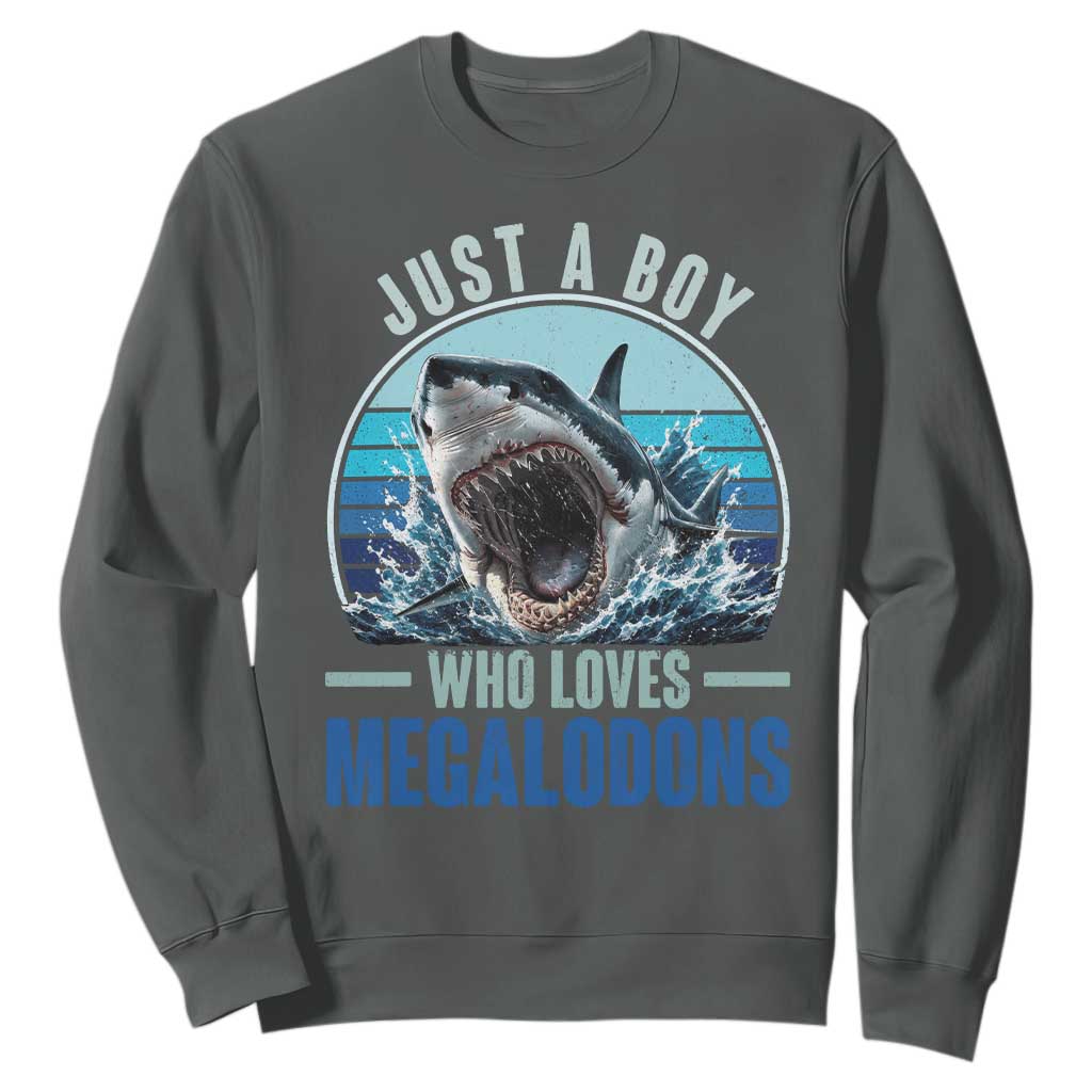 Just A Boy Who Loves Megalodons Sweatshirt Megalodon Shark Lover Retro Graphic