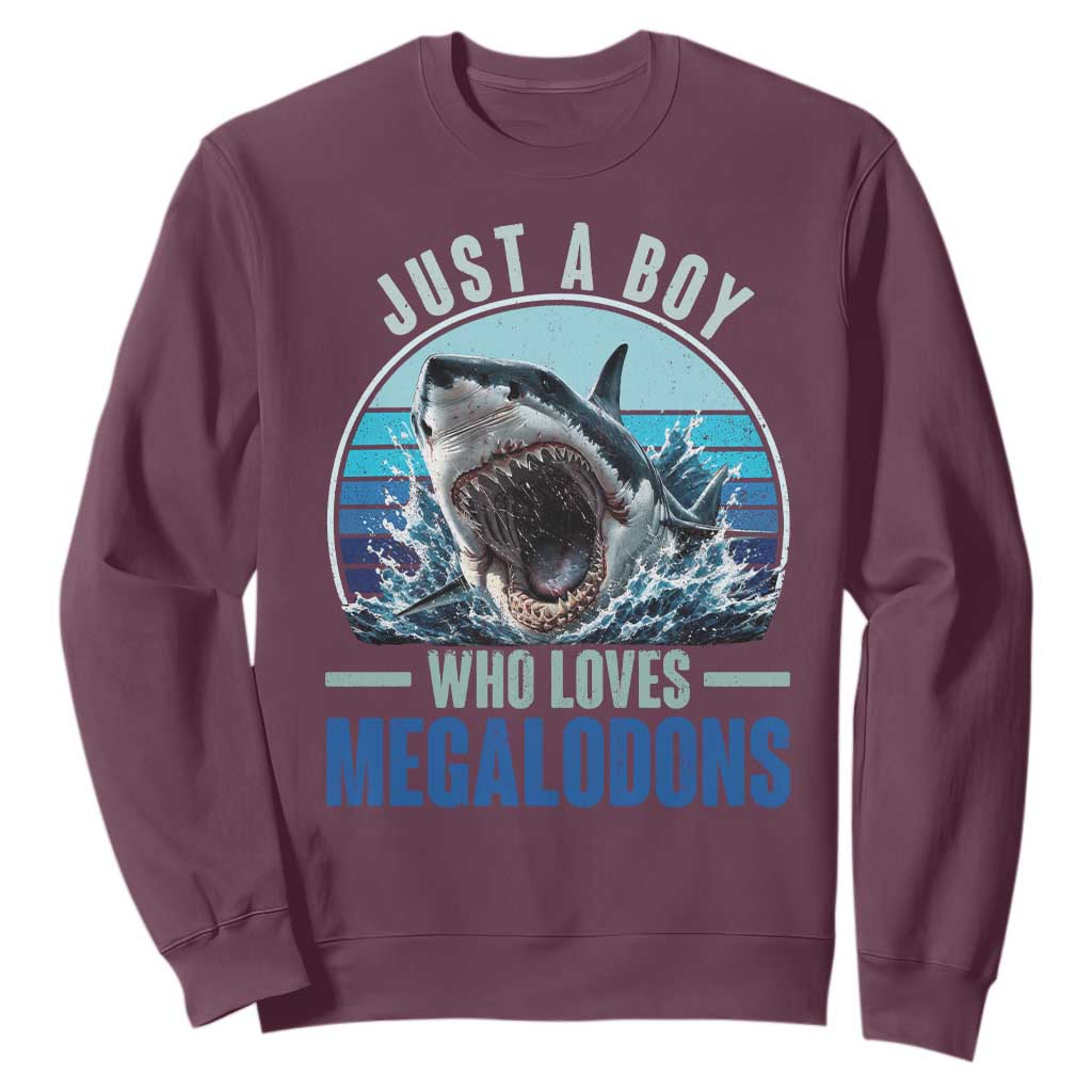 Just A Boy Who Loves Megalodons Sweatshirt Megalodon Shark Lover Retro Graphic