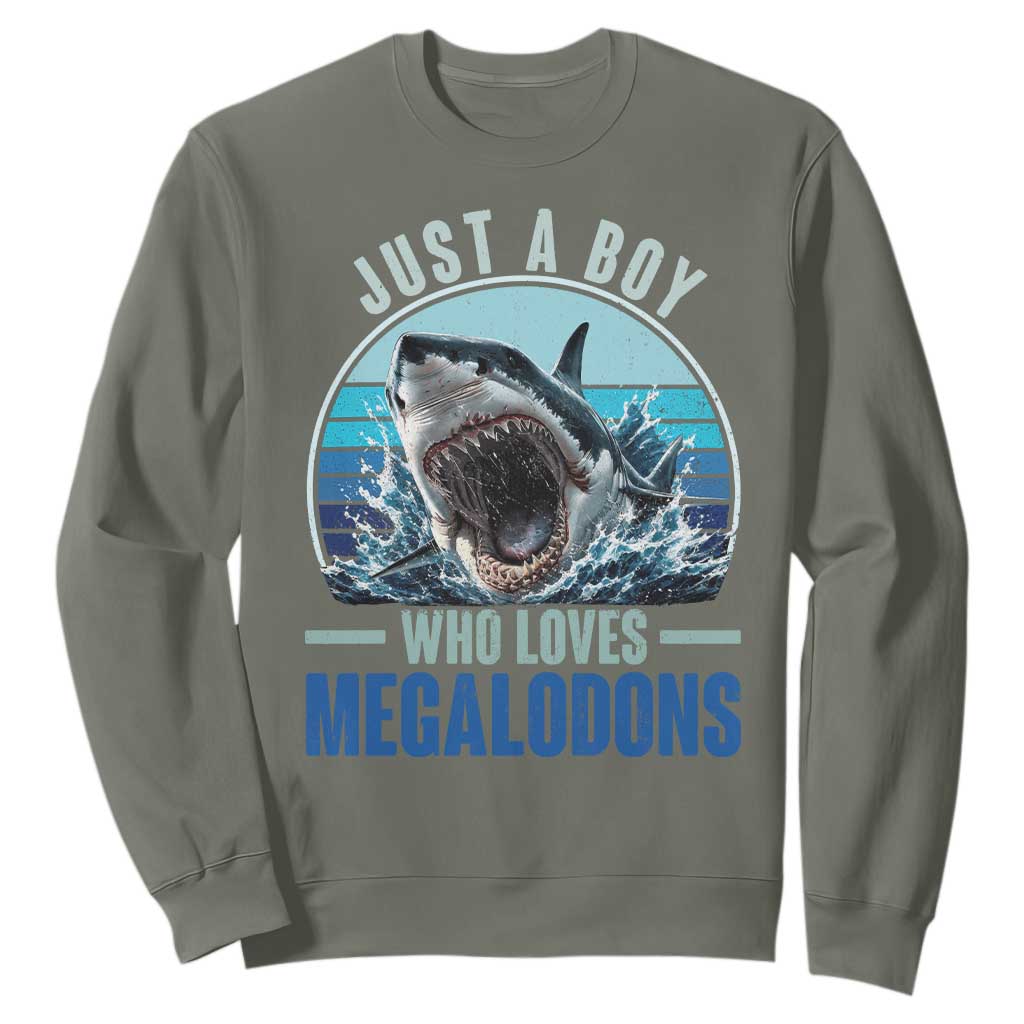 Just A Boy Who Loves Megalodons Sweatshirt Megalodon Shark Lover Retro Graphic