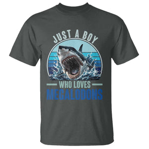 Just A Boy Who Loves Megalodons T Shirt Megalodon Shark Lover Retro Graphic