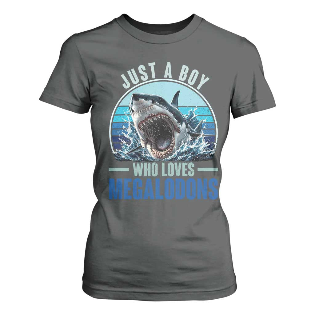 Just A Boy Who Loves Megalodons T Shirt For Women Megalodon Shark Lover Retro Graphic