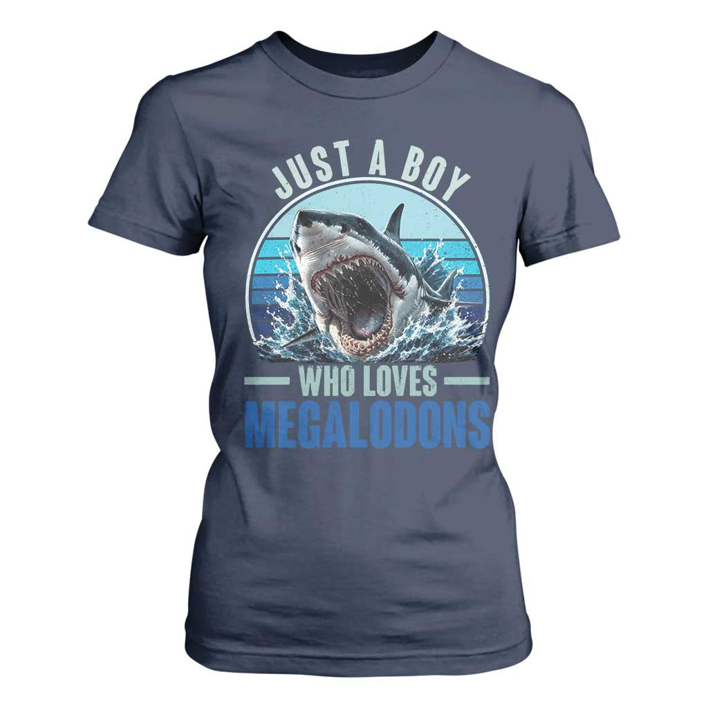 Just A Boy Who Loves Megalodons T Shirt For Women Megalodon Shark Lover Retro Graphic