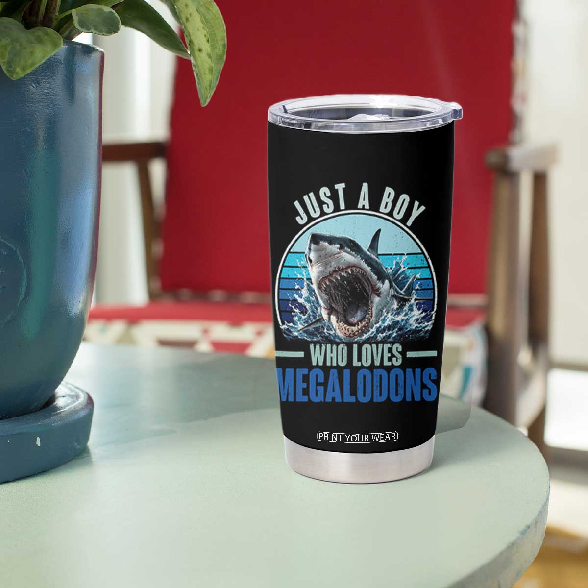 Just A Boy Who Loves Megalodons Tumbler Cup Megalodon Shark Lover Retro Graphic