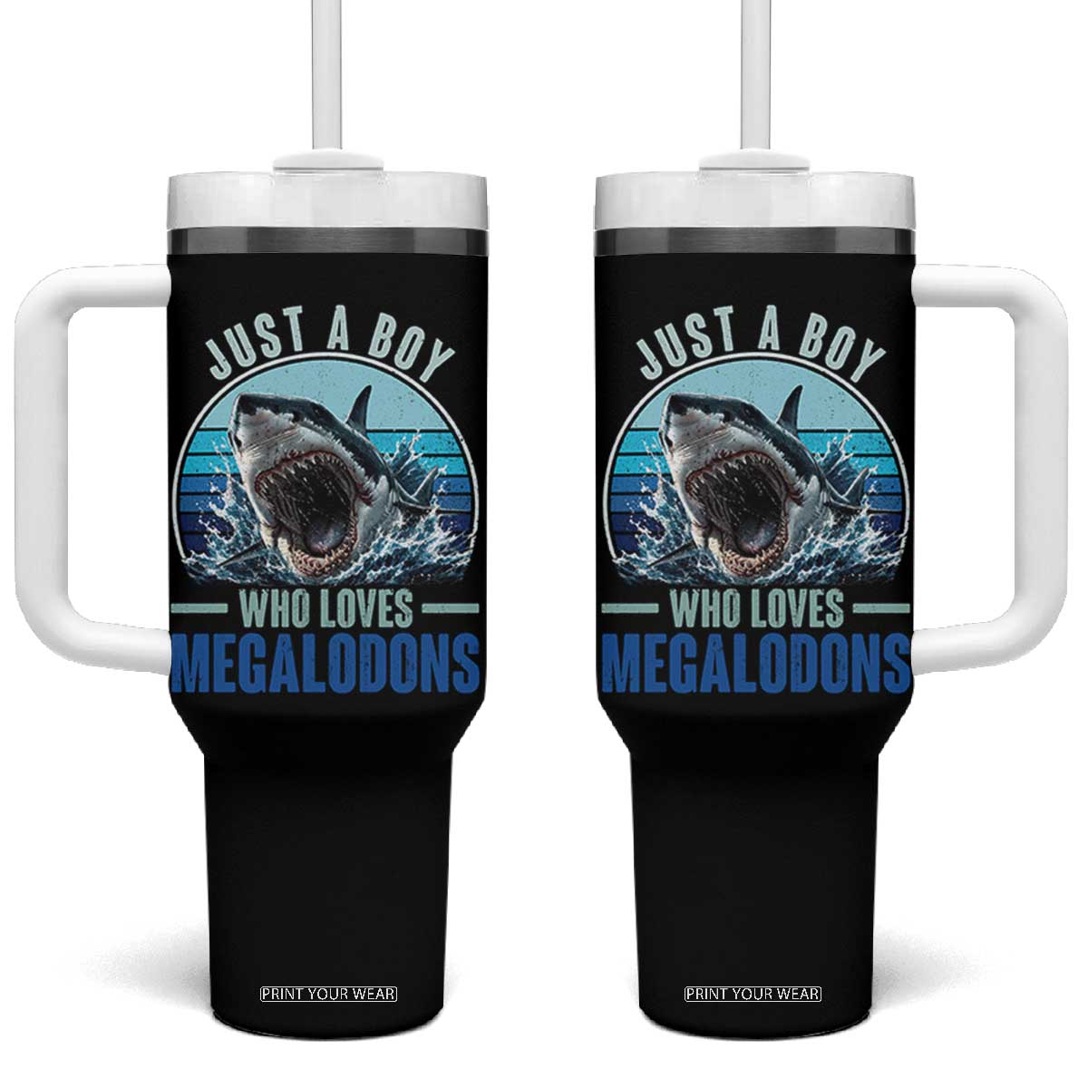 Just A Boy Who Loves Megalodons Tumbler With Handle Megalodon Shark Lover Retro Graphic