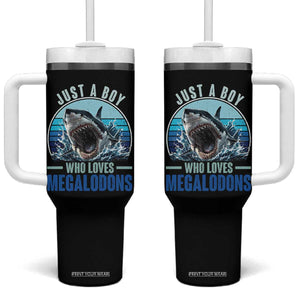 Just A Boy Who Loves Megalodons Tumbler With Handle Megalodon Shark Lover Retro Graphic