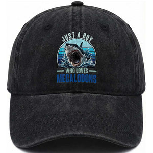 Just A Boy Who Loves Megalodons Washed Cotton Baseball Cap Megalodon Shark Lover Retro Graphic