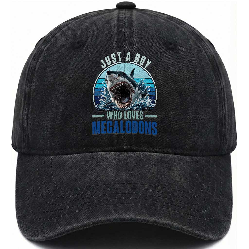 Just A Boy Who Loves Megalodons Washed Cotton Baseball Cap Megalodon Shark Lover Retro Graphic TS11 Print Your Wear