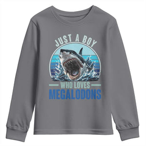 Just A Boy Who Loves Megalodons Youth Sweatshirt Megalodon Shark Lover Retro Graphic