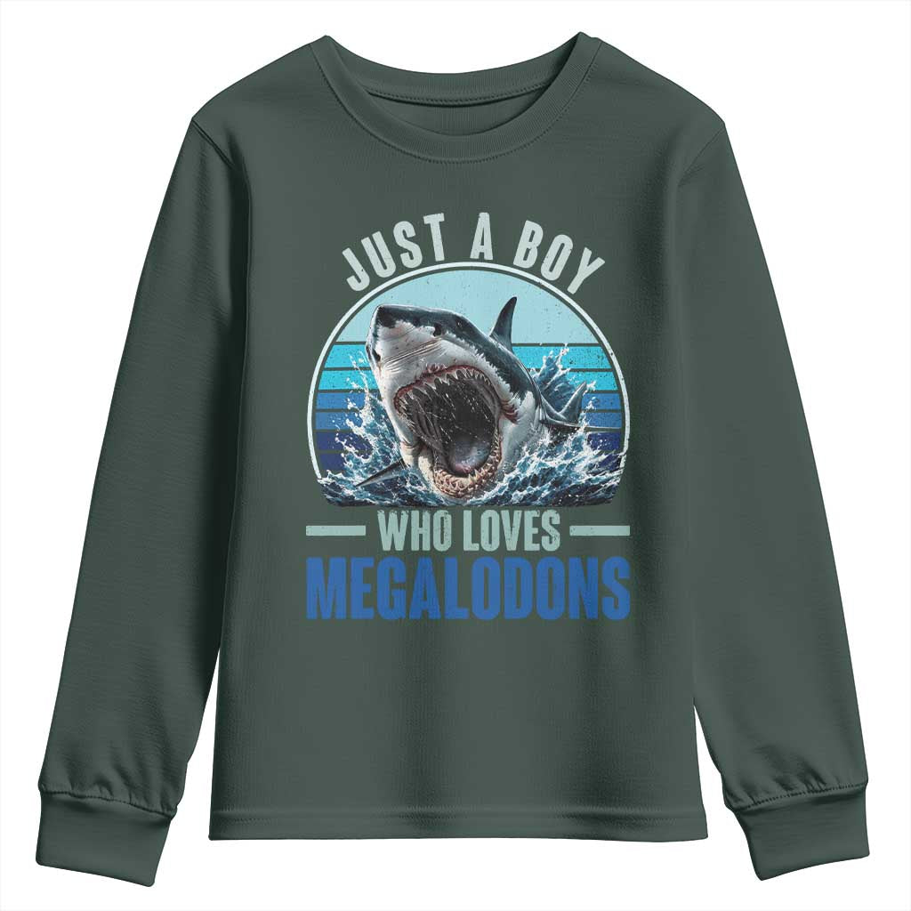 Just A Boy Who Loves Megalodons Youth Sweatshirt Megalodon Shark Lover Retro Graphic