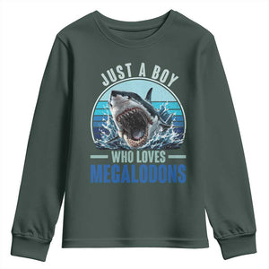 Just A Boy Who Loves Megalodons Youth Sweatshirt Megalodon Shark Lover Retro Graphic