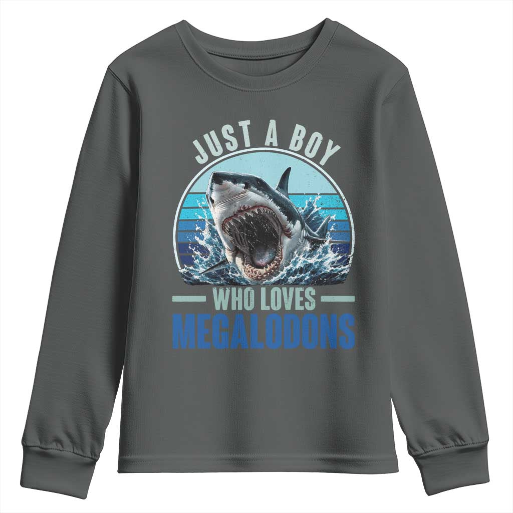 Just A Boy Who Loves Megalodons Youth Sweatshirt Megalodon Shark Lover Retro Graphic