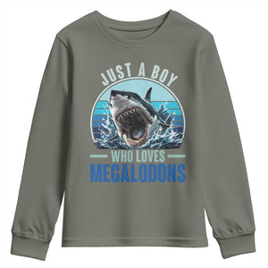 Just A Boy Who Loves Megalodons Youth Sweatshirt Megalodon Shark Lover Retro Graphic