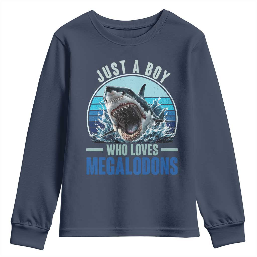Just A Boy Who Loves Megalodons Youth Sweatshirt Megalodon Shark Lover Retro Graphic
