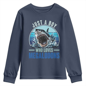 Just A Boy Who Loves Megalodons Youth Sweatshirt Megalodon Shark Lover Retro Graphic