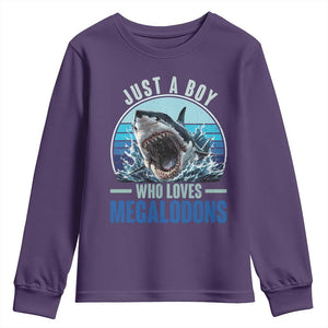 Just A Boy Who Loves Megalodons Youth Sweatshirt Megalodon Shark Lover Retro Graphic