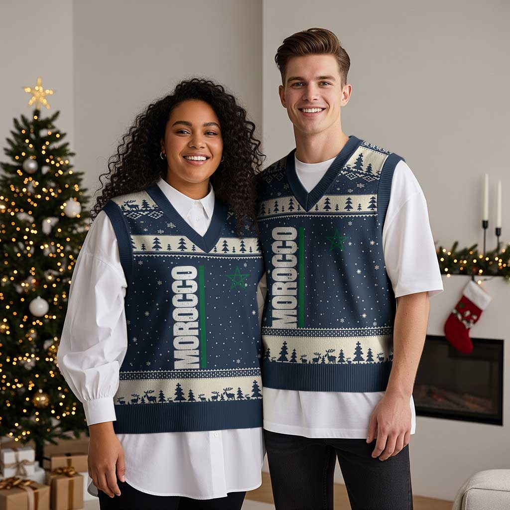 Morocco Green Star Flag Patriotic Moroccan Pride V-Neck Knit Sweater Vest TS11 Navy Beige Print Your Wear
