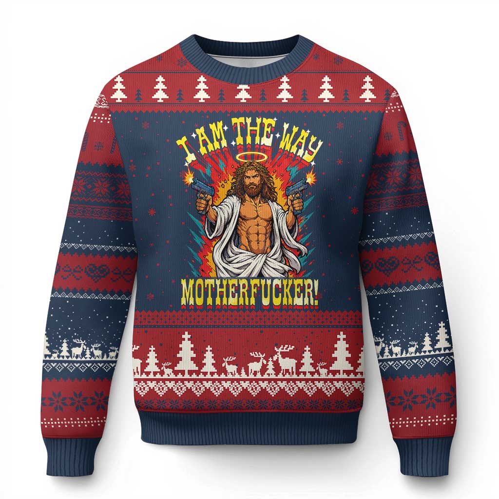 Funny Jesus LitRPG I Am The Way Motherfucker Ugly Christmas Sweater TS11 Navy Red Print Your Wear
