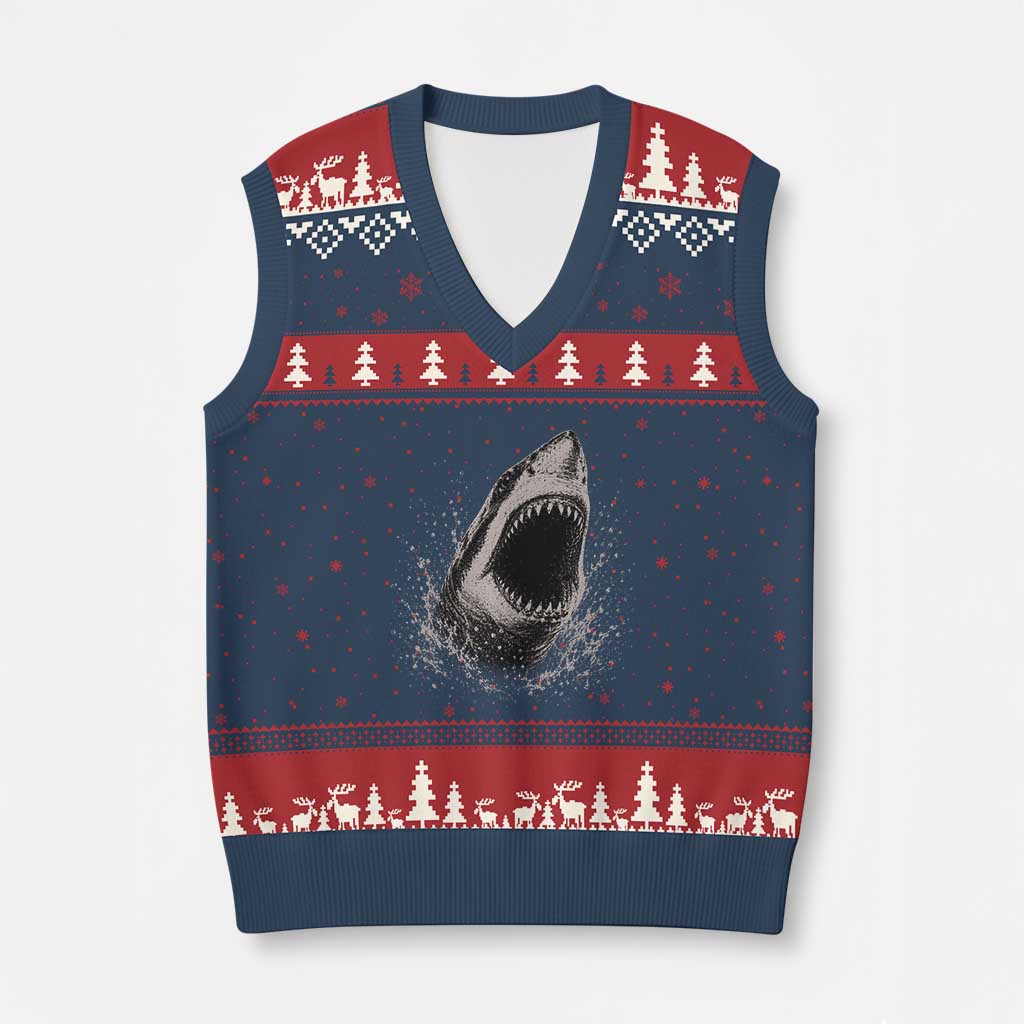 Vintage Great White Shark Jaw Graphic V-Neck Knit Sweater Vest Marine Life Gifts TS11 Navy Red Print Your Wear