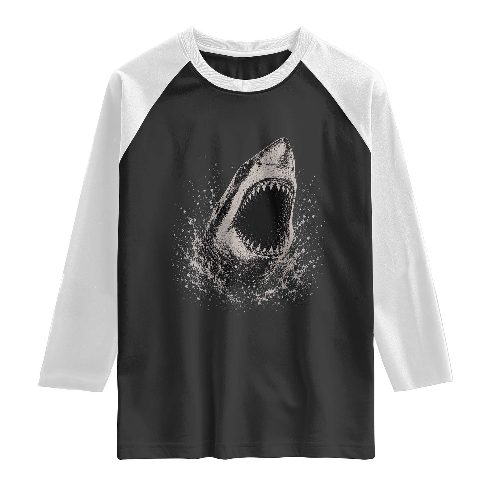 Vintage Great White Shark Jaw Graphic Raglan Shirt Marine Life Gifts TS11 Black White Print Your Wear