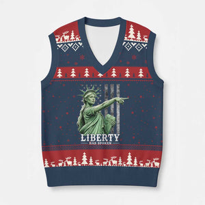 Liberty Has Spoken V-Neck Knit Sweater Vest Funny Basketball Statue of Liberty Pointing Meme TS11 Navy Red Print Your Wear