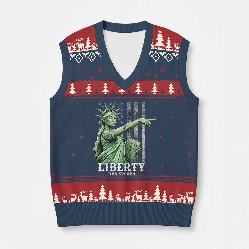 Liberty Has Spoken V-Neck Knit Sweater Vest Funny Basketball Statue of Liberty Pointing Meme TS11 Navy Red Print Your Wear