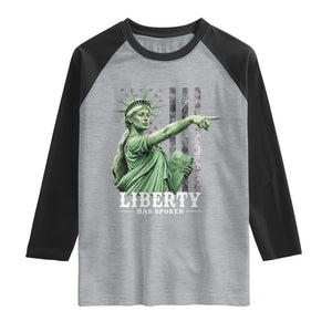 Liberty Has Spoken Raglan Shirt Funny Basketball Statue of Liberty Pointing Meme TS11 Heather Gray Black Print Your Wear