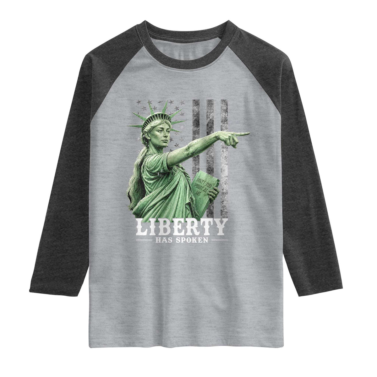 Liberty Has Spoken Raglan Shirt Funny Basketball Statue of Liberty Pointing Meme TS11 Heather Gray Heather Charcoal Print Your Wear