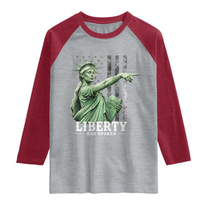 Liberty Has Spoken Raglan Shirt Funny Basketball Statue of Liberty Pointing Meme TS11 Heather Gray Heather Red Print Your Wear