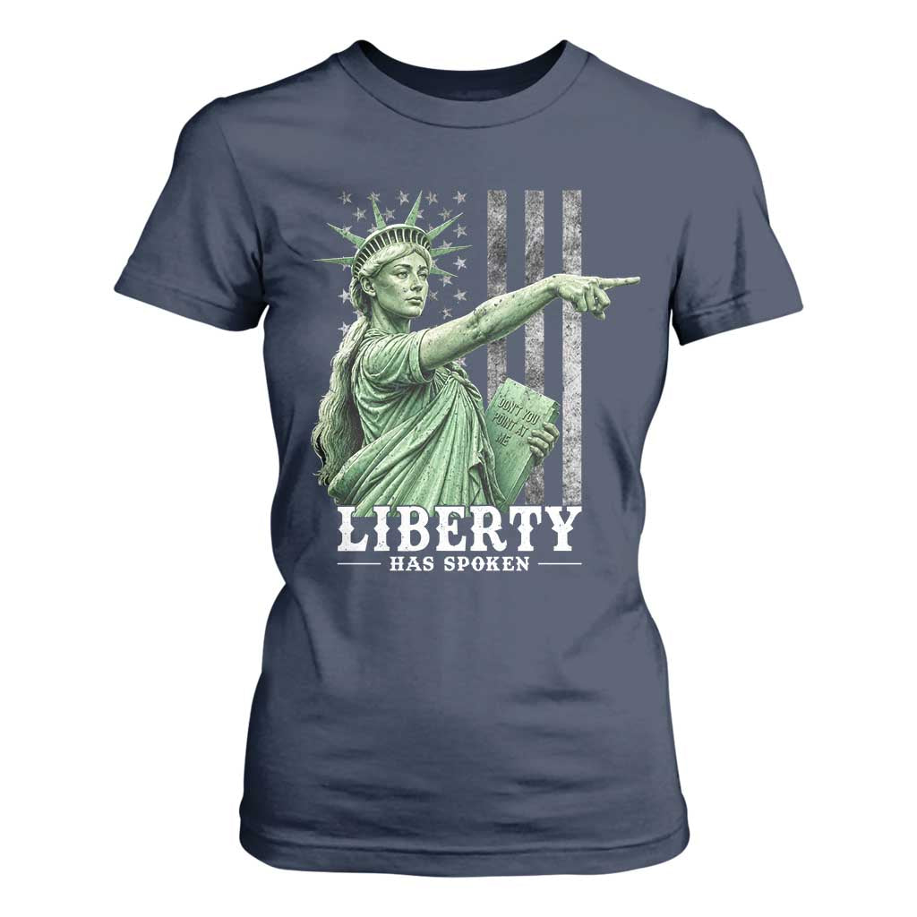 Liberty Has Spoken T Shirt For Women Funny Basketball Statue of Liberty Pointing Meme TS11 Navy Print Your Wear