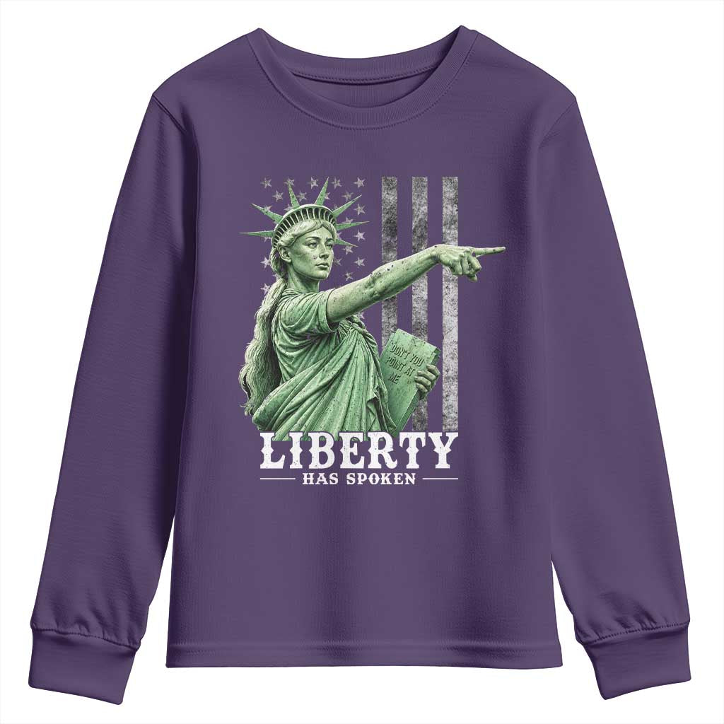 Liberty Has Spoken Youth Sweatshirt Funny Basketball Statue of Liberty Pointing Meme TS11 Purple Print Your Wear