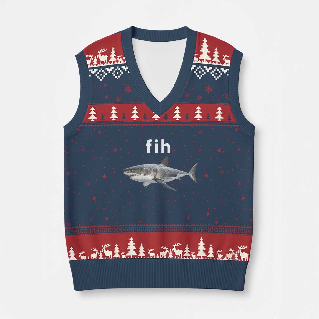 Funny Fih Shark Misspelled Fish Meme V-Neck Knit Sweater Vest Great White Shark Lover TS11 Navy Red Print Your Wear