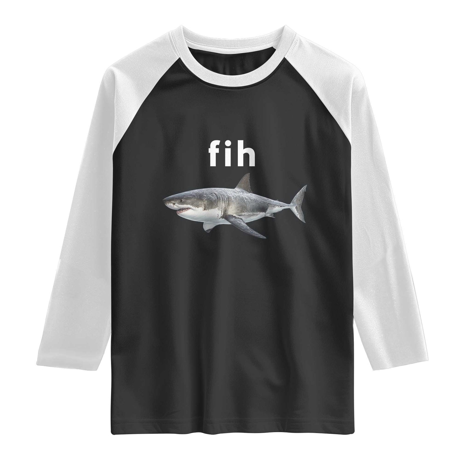 Funny Fih Shark Misspelled Fish Meme Raglan Shirt Great White Shark Lover TS11 Black White Print Your Wear