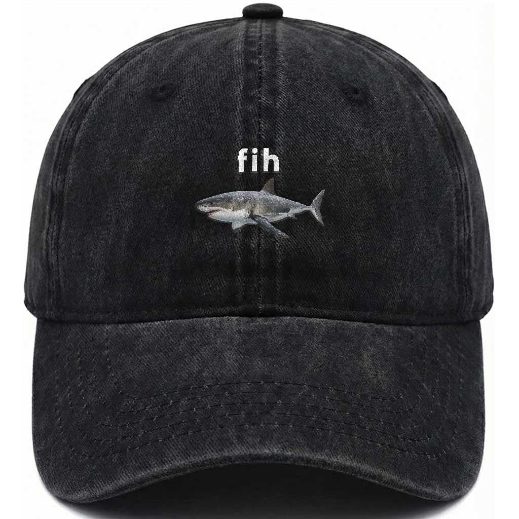 Funny Fih Shark Misspelled Fish Meme Washed Cotton Baseball Cap Great White Shark Lover TS11 Print Your Wear