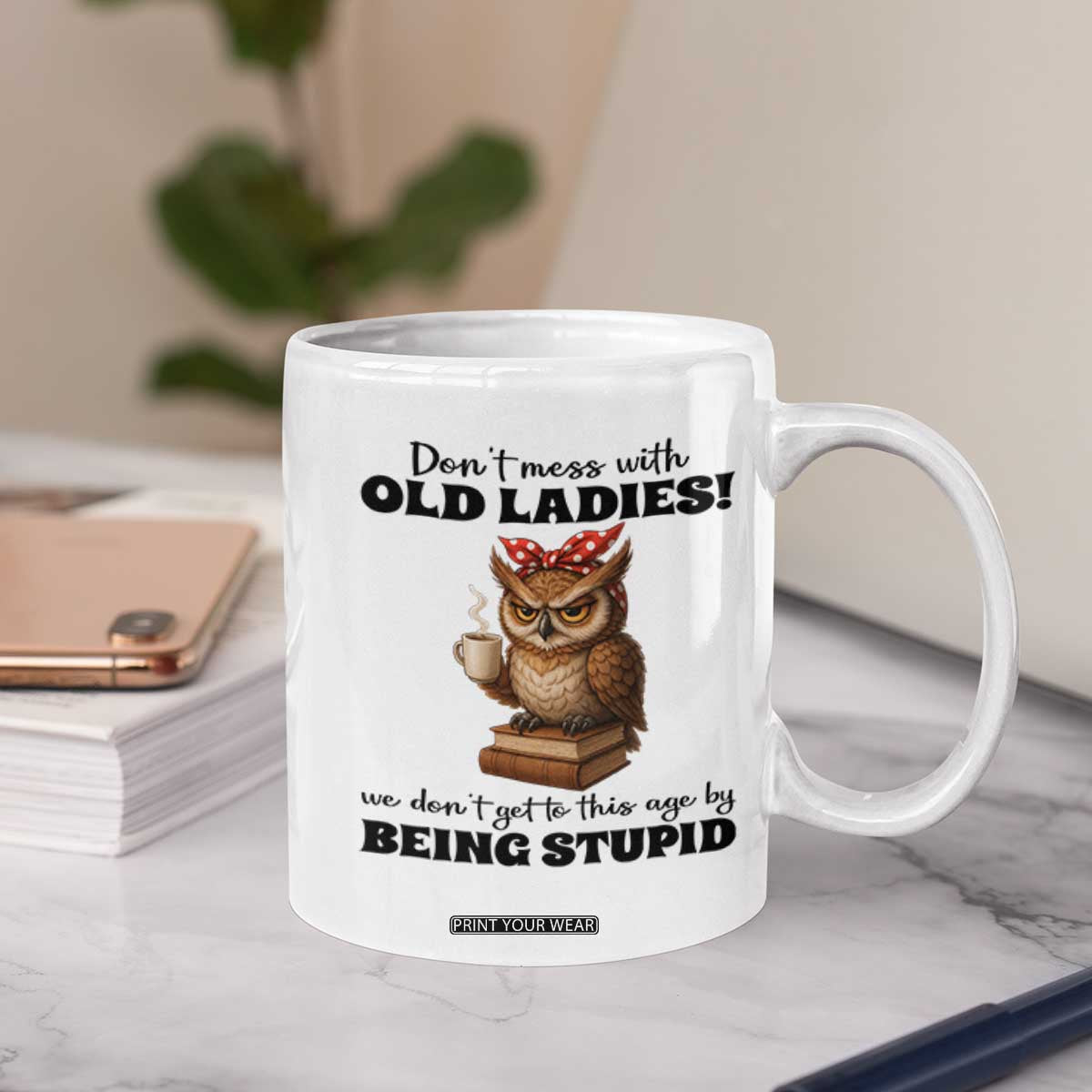 Dont Mess With Old Ladies We Dont Get To This Age By Being Stupid Coffee Mug Cute Owl TS11 Print Your Wear