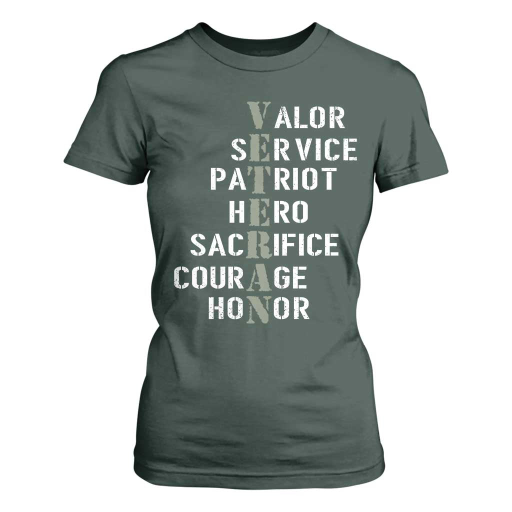 Veterans Valor Service Patriot Hero Sacrifice Courage Honor T Shirt For Women TS11 Dark Forest Green Print Your Wear