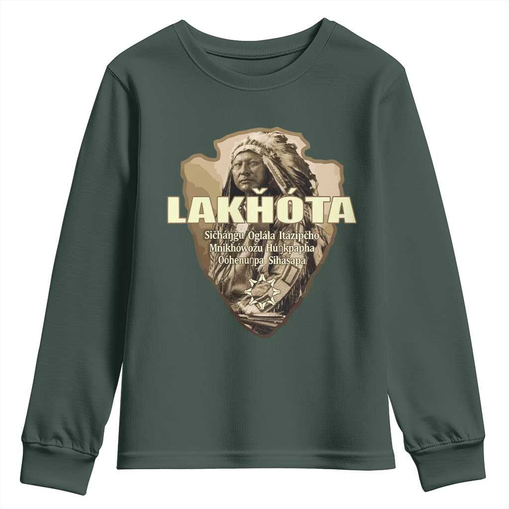Chief Spotted Elk Lakhota Lakota Sioux Native American Indian Youth Sweatshirt TS11 Dark Forest Green Print Your Wear