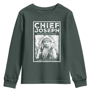 Native American Chief Joseph Youth Sweatshirt Leader Of The Nez Perce Indian History TS11 Dark Forest Green Print Your Wear