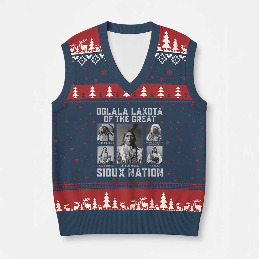 Oglala Lakota Of The Great Sioux Nation V-Neck Knit Sweater Vest Native American Chiefs TS11 Navy Red Print Your Wear