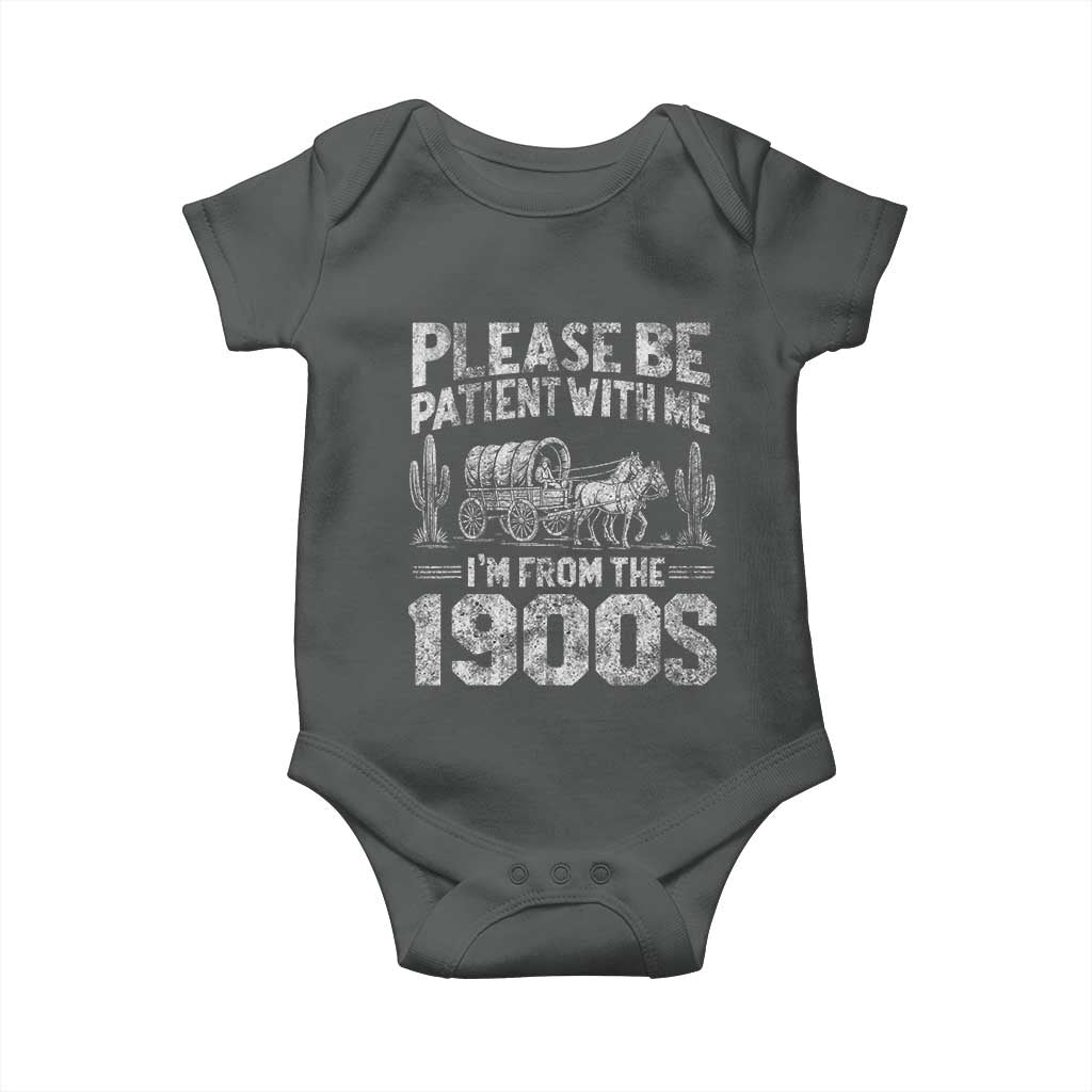 Funny Please Be Patient With Me I'm From The 1900s Baby Onesie Vintage Carriage TS11 Dark Heather Print Your Wear