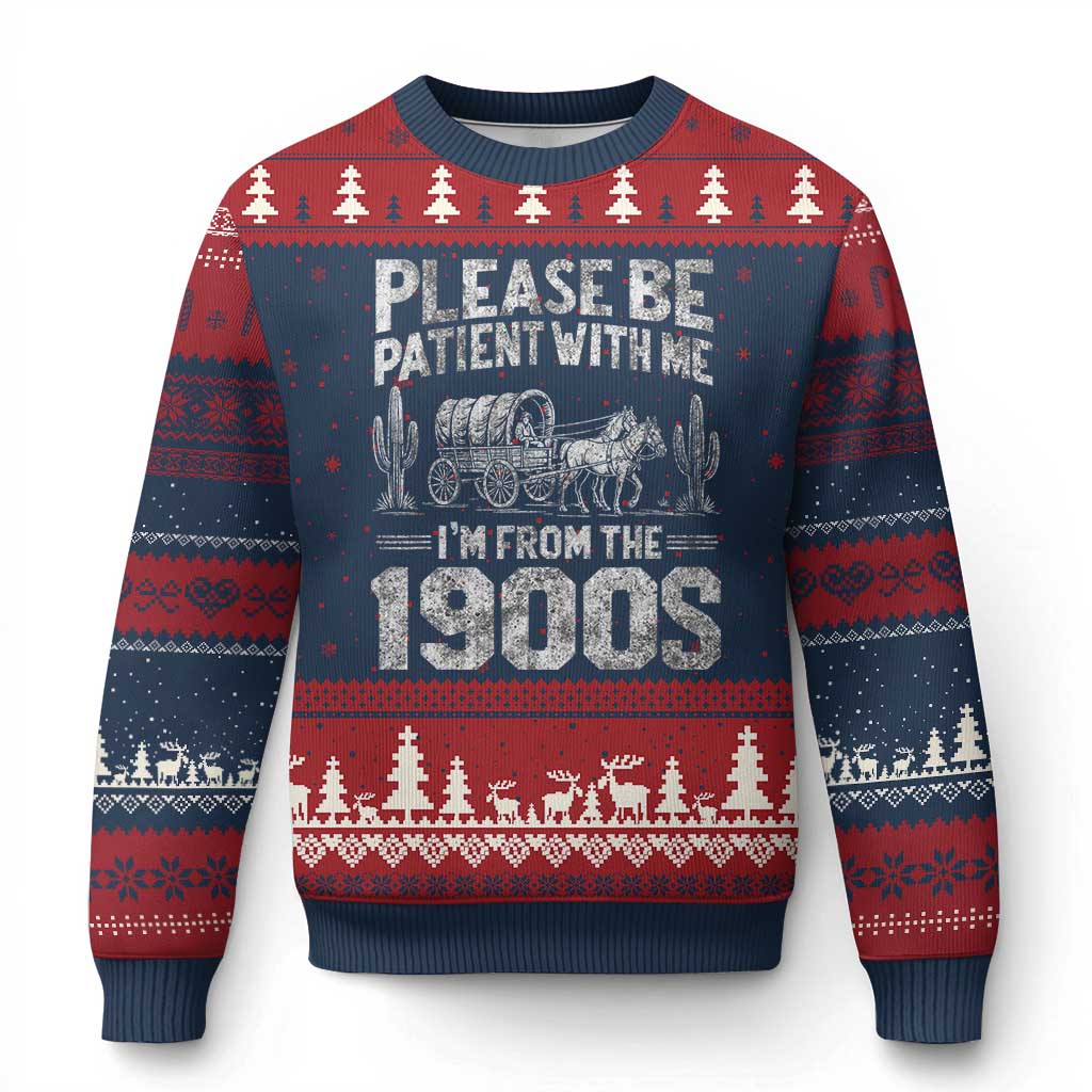 Funny Please Be Patient With Me I'm From The 1900s Ugly Christmas Sweater Vintage Carriage TS11 Navy Red Print Your Wear