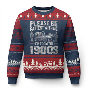 Funny Please Be Patient With Me I'm From The 1900s Ugly Christmas Sweater Vintage Carriage TS11 Navy Red Print Your Wear