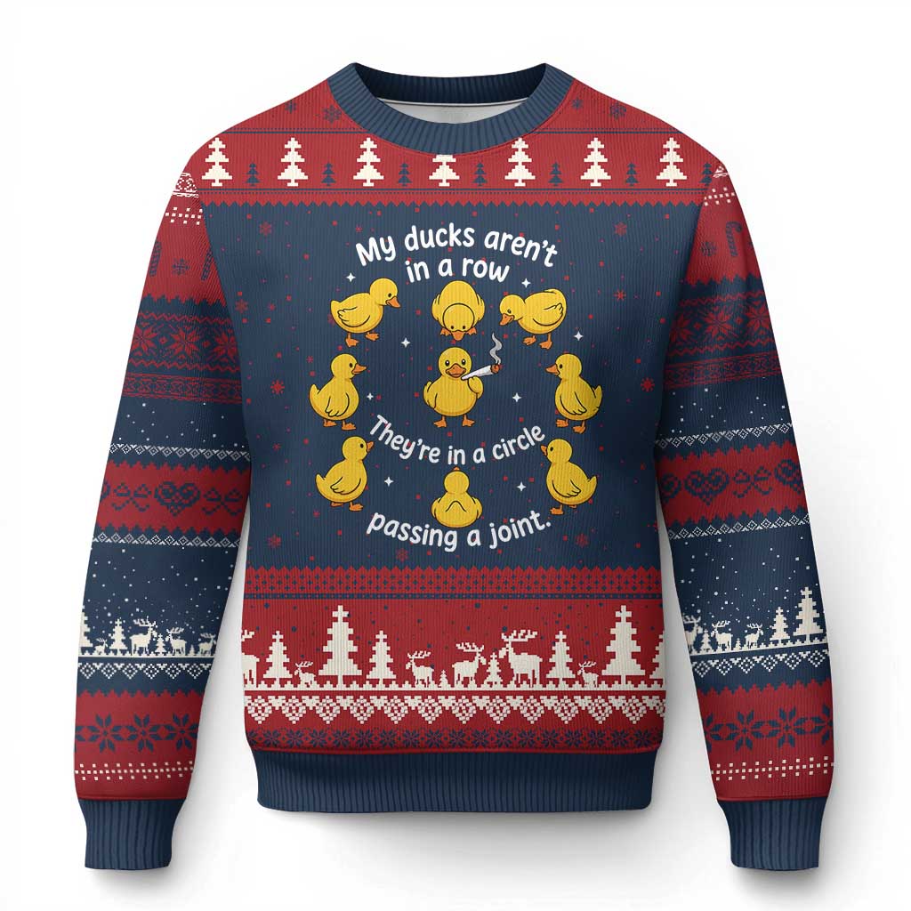 My Duck Arent In A Row They Are In A Circle Passing A Joint Ugly Christmas Sweater Funny Duck Weed Marijuana Lover TS11 Navy Red Print Your Wear