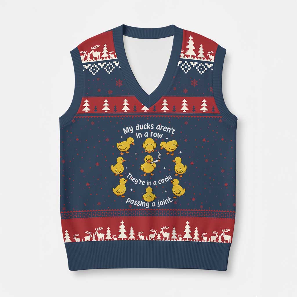 My Duck Arent In A Row They Are In A Circle Passing A Joint V-Neck Knit Sweater Vest Funny Duck Weed Marijuana Lover TS11 Navy Red Print Your Wear