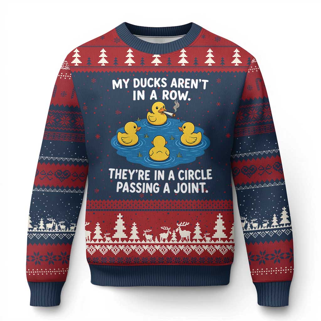 My Duck Arent In A Row They Are In A Circle Passing A Joint Ugly Christmas Sweater Funny Duck Cannabis Cigarette TS11 Navy Red Print Your Wear