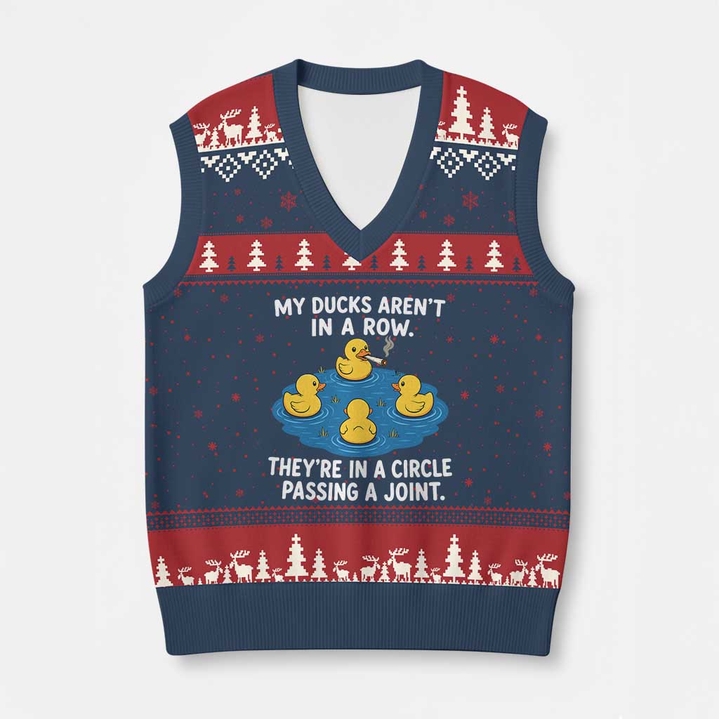 My Duck Arent In A Row They Are In A Circle Passing A Joint V-Neck Knit Sweater Vest Funny Duck Cannabis Cigarette TS11 Navy Red Print Your Wear